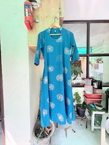 Teal Kurta with Golden Floral Print
