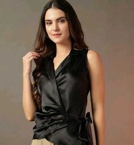 Sleek Black Satin Wrap Top