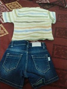 Striped T-shirt &amp; Denim Shorts Set