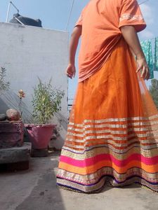 Vibrant Orange Tulle Skirt with Embellished Border