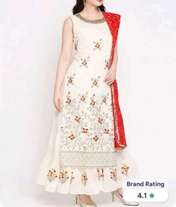 Ream-Coloured & Red Floral Embroidered Cotton Anar