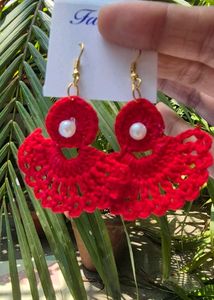 Handmade Red Crochet Earrings with Pearls