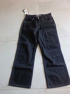 Black Wide Leg Contrast Stitch Jeans