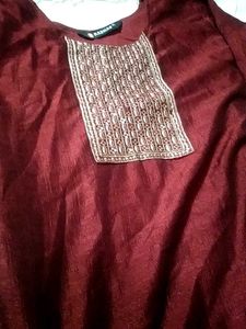 Maroon Kurta Set with Embellished Neckline