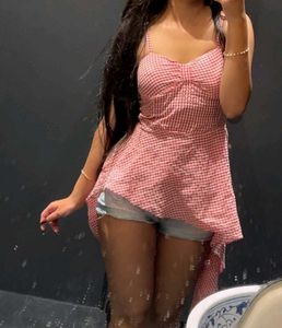 Chic Pink Gingham Peplum Dress
