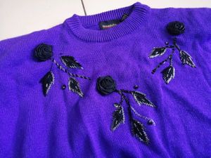 Purple Beaded Rose Sweater
