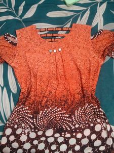 Orange & Brown Printed Cold Shoulder Top