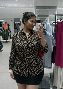 Black & Beige Leaf Print Knot Detail Shirt