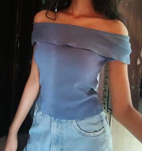 Blue Off-Shoulder Ribbed Top