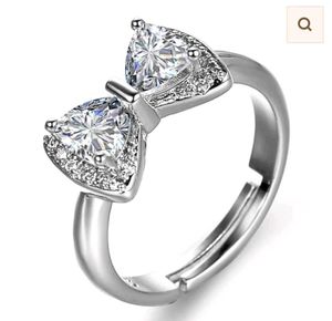 🎀 Silver Plated Crystal Bow Ring | Adjustable | B