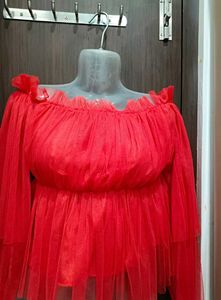 Red Tulle Off-Shoulder Top