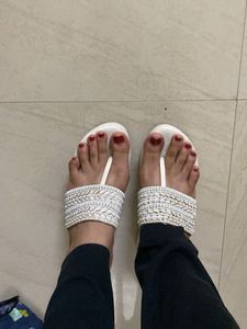 Beaded White Flat Sandals