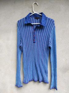 Blue Striped Long Sleeve Polo Shirt
