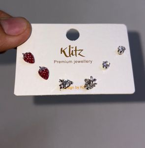 Cute Strawberry &amp; Crystal Stud Earrings Set