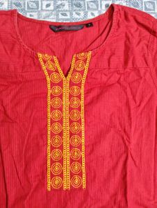 Red Embroidered Cotton Kurta