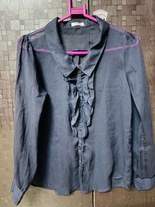 Sheer Ruffle Front Button-Up Blouse