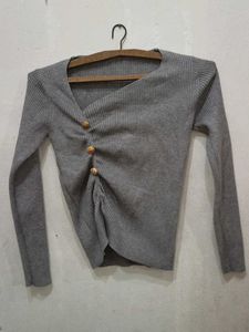 Grey Ribbed Button Detail Sweater