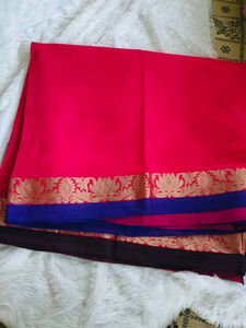 Beautiful Rani pink Saree with Blue Blouse