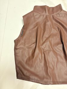 Brown Faux Leather Mock Neck Top