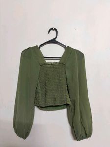 Green Crocheted Square Neck Puff Sleeve Top
