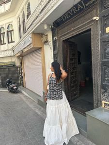 Women's Black Printed Kurti with Off-White Tiered