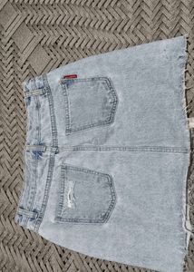 Light Wash Distressed Denim Skirt