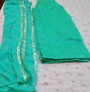 Premium Mul Chanderi Kurti Pant Dupatta Suit Set.