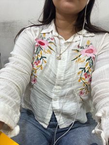 Embroidered White Button-Down Shirt