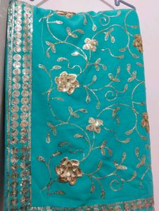Turquoise Saree with Gold Embroidery