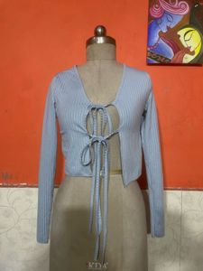 Light Blue Ribbed Tie-Front Top