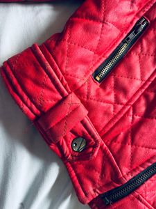Red Quilted Faux Leather Jacket with Fur Collar