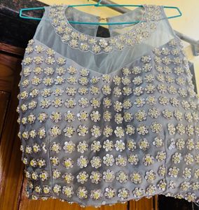 Pearls Detailing Grey Crop Top And Skirt