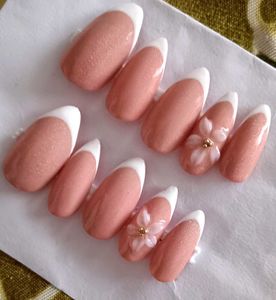 Pink Shimmer French 3D Flower Press-On Nails
