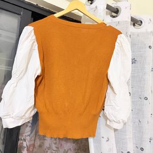 Cute Orange Cardigan with Puff Sleeves