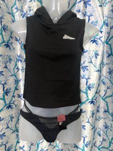 Edgy Black Ribbed Crop Top with Buckle Detail