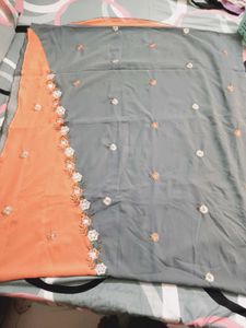 Orange and Grey Embroidered Saree