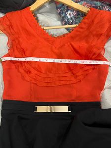 S Orange &amp; Black Ruffle Belted Fit &amp; Flare Dress