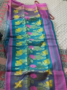 Beautiful Teal Floral Dhakai Jamdani Saree