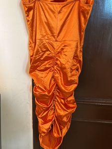 Orange Satin Slip Dress with Rhinestone Straps