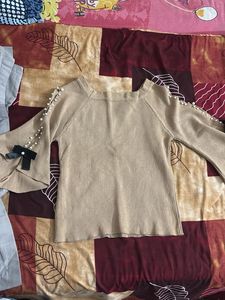 Stylish Beige Pearl Embellished Top