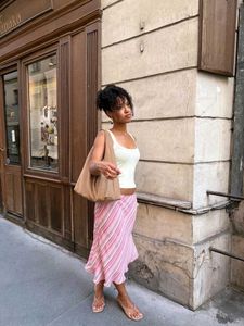Chic Pink Striped Wrap Skirt with Bow