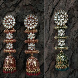 Gorgeously Designed Kundan Earrings in Red and Green Color Combo