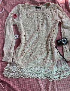 Sheer Sleeve Lace Trim Knit Top