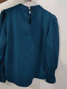 Elegant Teal Blue Pe9arl Embellished Blouse.