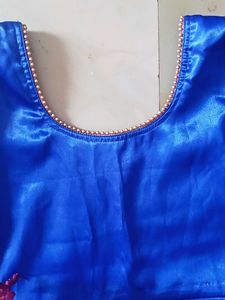 Royal Blue Satin Gown with Embellished Sleeves