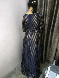 Elegant Navy Blue Brocade Gown