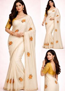 Elegant Cream Floral Print Saree