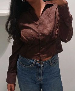 Brown Cropped Button-Up Shirt