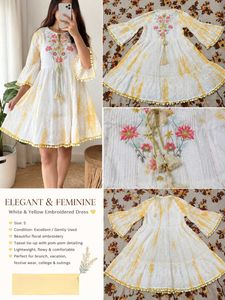 Elegant White & Yellow Embroidered Dress