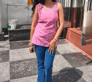 Pink Embroidered Sleeveless Kurta Top